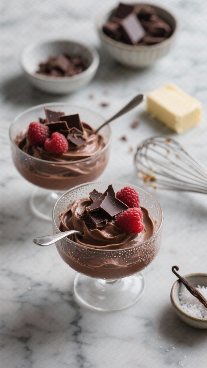 A refined close-up, 45-degree angle of silky chocolate mousse spooned into stemless glass cups, topped with delicate shaved dark chocolate and a few fresh raspberries. Show the airy, glossy texture with soft peaks and chilled condensation on the glass. In the soft-focus background on a marble surface: a small bowl of chopped 60–70% dark chocolate, a pat of unsalted butter, a whisk with traces of mousse, and a tiny dish of vanilla and sea salt. Moody, elegant lighting, shallow depth of field, no people.