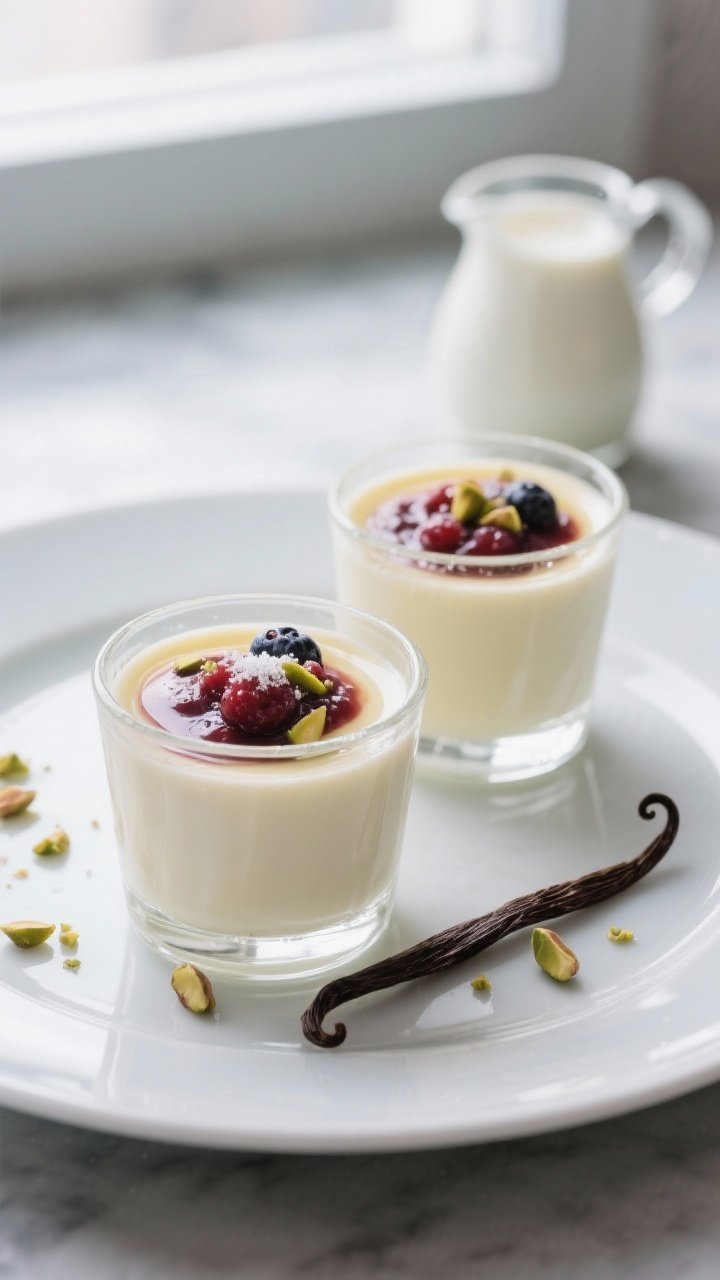 A refined plated presentation at straight-on eye level of silky vanilla panna cotta set in small clear glasses: ultra-smooth, ivory custard with a vivid quick berry swirl of mashed mixed berries, sugar, and lemon juice marbled on top; delicate condensation on glass, garnished with a few crushed pistachios and a curl of shaved dark chocolate on one portion; include a split vanilla bean and a small jug of cream in the background; cool-toned, soft window light to highlight the glossy, creamy set.