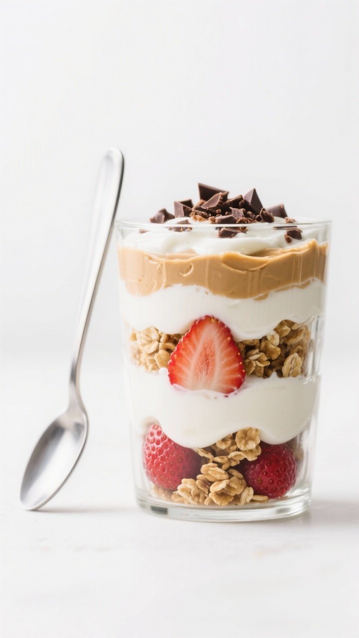 A straight-on glassware shot of creamy peanut butter yogurt parfaits layered in clear tumblers: silky Greek yogurt whisked with peanut butter, honey, and vanilla, alternating with golden granola and vibrant sliced strawberries/berries, topped with a sprinkle of chopped dark chocolate or cacao nibs. One spoon resting against the glass showing defined layers. Clean, bright morning light on a white backdrop to suggest breakfast-meets-dessert freshness.