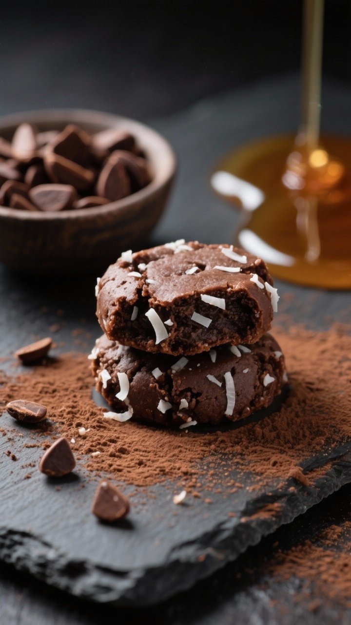 A straight-on macro close-up of cocoa-coconut “brownie bite” cookies showing fudgy interiors and chewy shredded coconut flecks, with scattered cacao nibs embedded for crunch. A fine dusting of cocoa powder on the slate board, a tiny bowl of cacao nibs, and a glistening ribbon of maple syrup in the background. Dark, rich tones with controlled specular highlights, emphasizing deep Dutch-process cocoa color and glossy tahini sheen; dramatic side light for texture.