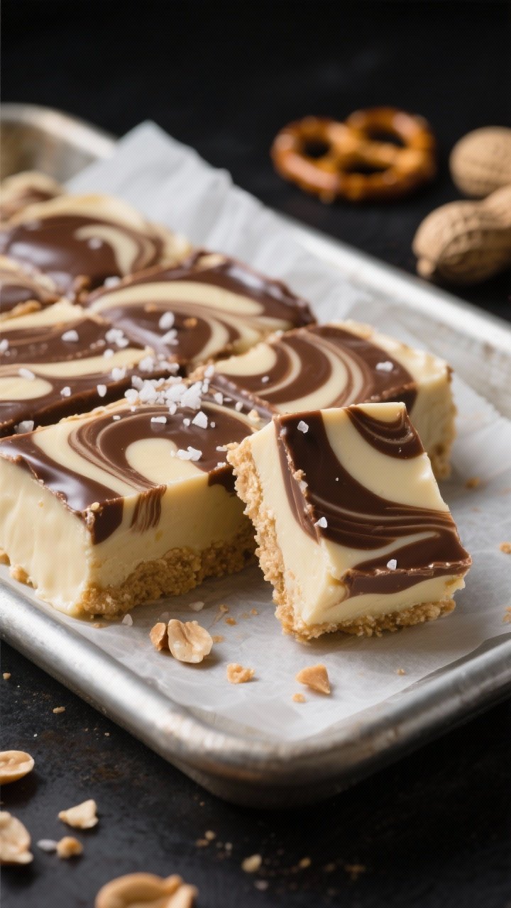A straight-on macro shot of peanut butter chocolate fudge squares on a parchment-lined loaf-pan slab: dense, creamy white-chocolate–peanut butter base with glossy semisweet chocolate swirls marbled across the top, finished with a sprinkle of flaky sea salt. One square slightly tilted to show smooth, tight crumb; optional scattered chopped pretzels/peanuts in the background as styling elements. Dark moody backdrop, soft rim light to accentuate shine and swirl.