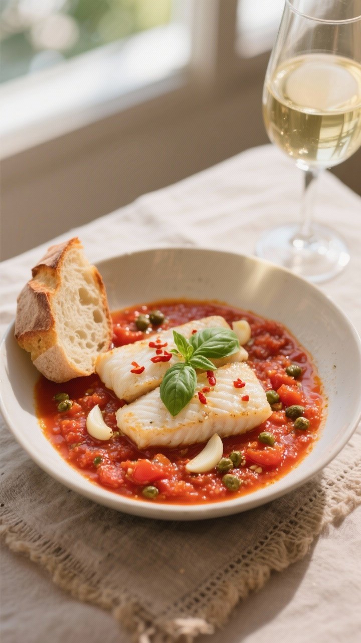 A straight-on, shallow-bowl presentation of Tomato-Basil Poached Cod: tender cod pieces gently poached in a garlicky crushed-tomato sauce with visible thin garlic slices, red pepper flakes, capers, and ribbons of fresh basil. Serve with a slice of crusty bread leaning on the rim for dunking, a small carafe of white wine in the background. Emphasize silky flakes of fish and the vibrant red sauce; warm Mediterranean mood with soft window light and a rustic linen.