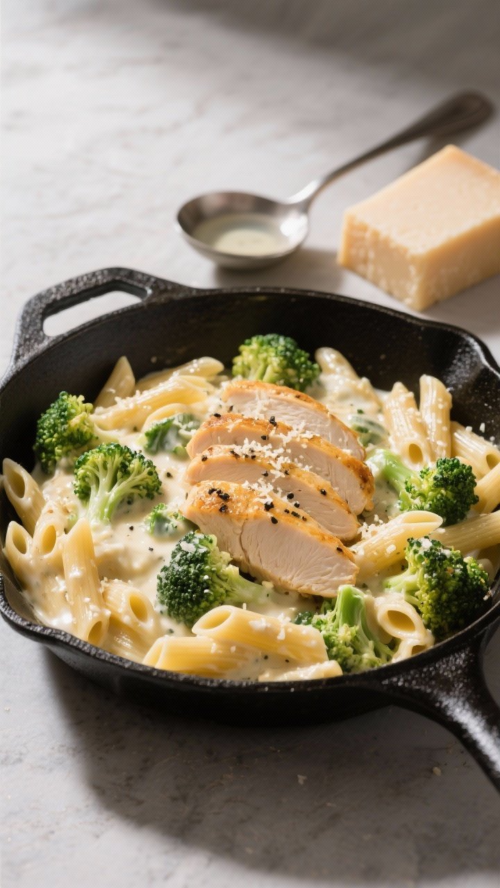 A straight-on skillet scene of Chicken Broccoli Alfredo for busy nights: a large black skillet filled with penne coated in creamy Parmesan sauce, golden seared chicken slices and vibrant crisp-tender broccoli florets mixed through; visible texture of the sauce made with cream and chicken broth, flecks of black pepper and Italian seasoning; a ladle of reserved pasta water and a block of Pecorino/Parmesan on the side; hearty, weeknight-comfort mood with directional light catching the gloss.