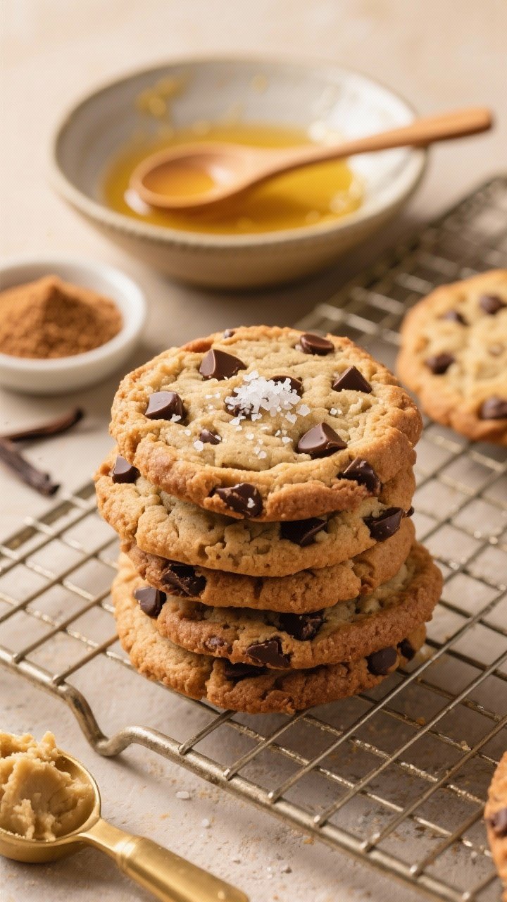 A warm, straight-on close-up of freshly baked chocolate chip cookies stacked and fanned on a wire rack, edges crisp and centers slightly puffed with melted dark chocolate puddles. A small pinch of flaky salt on top of a few cookies. Behind them: a bowl with melted butter residue and a wooden spoon, a small dish of brown and granulated sugar, vanilla extract, and a scoop with remaining dough. Golden, cozy tones suggesting just-out-of-the-oven freshness.