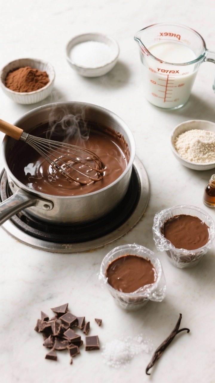An ingredients-and-process overhead shot of stovetop chocolate pudding in the making: a saucepan of thick, glossy pudding being whisked, with visible steam. Surrounding neatly styled ingredients: whole milk in a measuring jug, bowls of cocoa powder, granulated sugar, cornstarch, chopped semisweet chocolate, vanilla extract, and a pinch bowl of salt. Next to the pot, two small dessert cups waiting, one already filled with plastic wrap touching the surface to prevent skin. Clean, bright kitchen light highlighting the sheen.