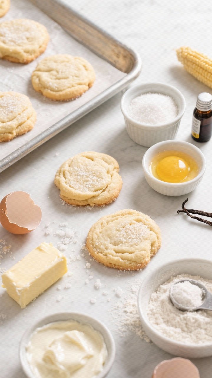 An overhead flat-lay of bakery-style soft vanilla sugar cookies fresh from the oven: puffy, slightly crinkled, pale-golden cookies with sugared surfaces on parchment-lined baking sheets; scattered ingredients nearby including a stick of softened unsalted butter, a small bowl of granulated sugar for rolling, a cracked egg with an extra yolk in a ramekin, a vial of pure vanilla extract, a dusting of cornstarch and flour with a measuring scoop; add a pinch bowl of flaky salt and a dish of melted white chocolate with a dipped cookie for variation; bright, clean daylight for a cozy, home-baked vibe.