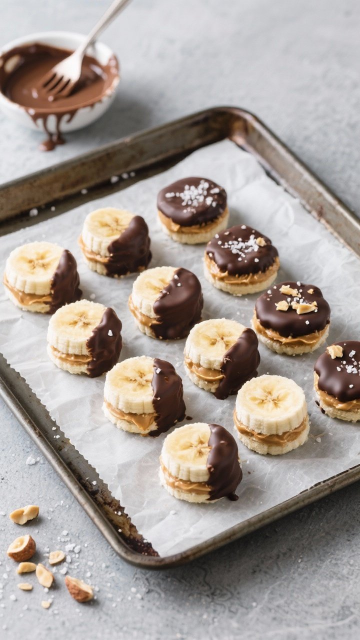 An overhead flat lay of frozen peanut butter banana bites: neat rows of 1/4-inch banana “sandwiches” filled with peanut butter, some dipped halfway in dark chocolate (melted with coconut oil) and others fully enrobed, sprinkled with flaky salt and crushed peanuts. A parchment-lined sheet pan on a cool slate surface, a small bowl of melted chocolate with drips, and a fork with chocolate trails to suggest dipping. Bright, crisp lighting to emphasize cold, glossy shells and creamy centers.