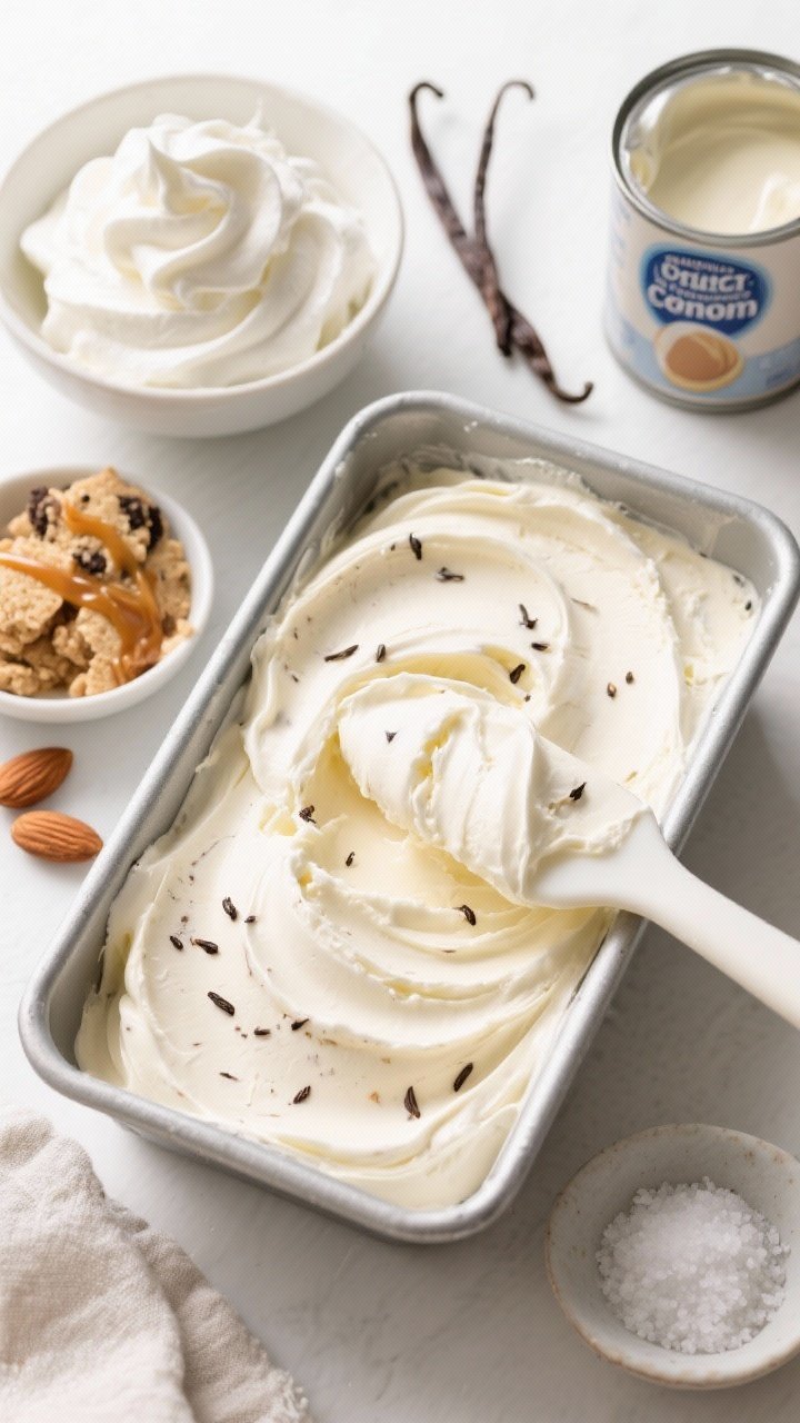 An overhead ingredient-to-final transition shot for no-churn vanilla bean ice cream: a loaf pan filled with freshly folded, airy ice cream base swirled with visible vanilla bean seeds, a spatula creating soft peaks; beside it, a bowl of whipped cream at medium-soft peaks, an open can of sweetened condensed milk, split vanilla bean, and a pinch bowl of sea salt; optional add-ins—caramel sauce streak, crushed cookies, toasted almonds—arranged neatly; bright, crisp lighting to emphasize the creamy texture and artisanal look.