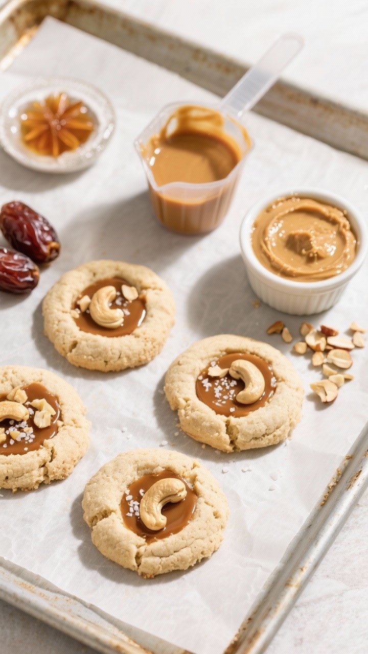 An overhead ingredient-to-finish scene of salted caramel cashew thumbprints: almond flour cookies with neat thumb indents filled with glossy date caramel, topped with finely chopped roasted cashews and a final pinch of flaky sea salt. Include a small blender cup of silky date caramel (Medjool dates + hot water), a ramekin of cashew butter, a dish of maple syrup, and a sprinkle trail of chopped cashews. Clean, modern styling on parchment over a baking sheet; bright, inviting light with warm highlights on the caramel.