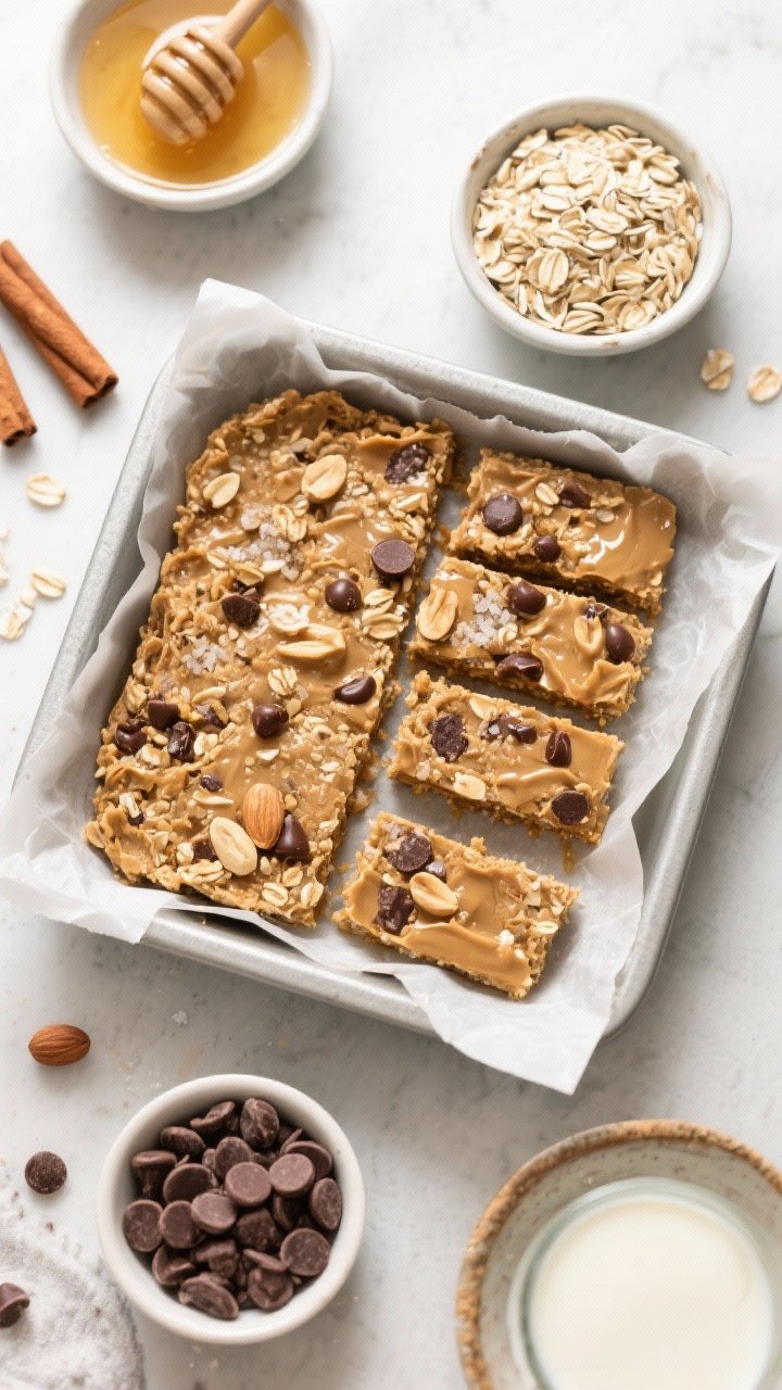 An overhead ingredients-to-final scene of no-bake peanut butter oat bars: an 8x8 pan lined with parchment filled with a firmly pressed, chewy mixture of rolled oats, peanut butter, honey, mini chocolate chips, chopped peanuts, cinnamon, and a pinch of salt; several neat bars sliced with visible mix-ins. Surround with small bowls of oats, mini chips, peanuts, a drizzle of honey, and a splash of milk to hint at binding. Natural, soft light to showcase hearty texture and snackable appeal.