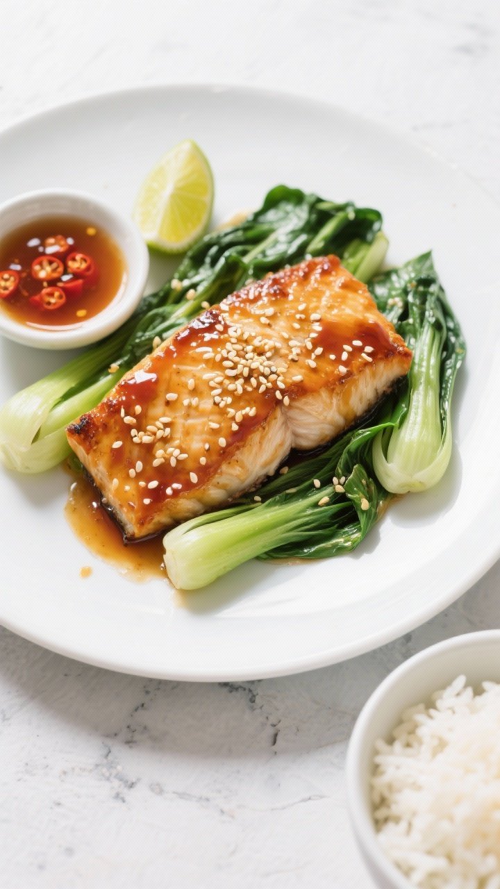 An overhead plated shot of Honey-Chili Baked Cod over sesame greens: glossy, caramelized cod brushed with a honey–soy–sriracha glaze, sprinkled with toasted sesame seeds; nestled on quick-sautéed baby bok choy with a light sheen of sesame oil. Include a small dish of extra glaze, lime wedges for brightness, and a bowl of steaming jasmine rice in the corner. Clean, modern styling on a white ceramic plate over a light stone surface, high-key lighting to highlight the sticky glaze.