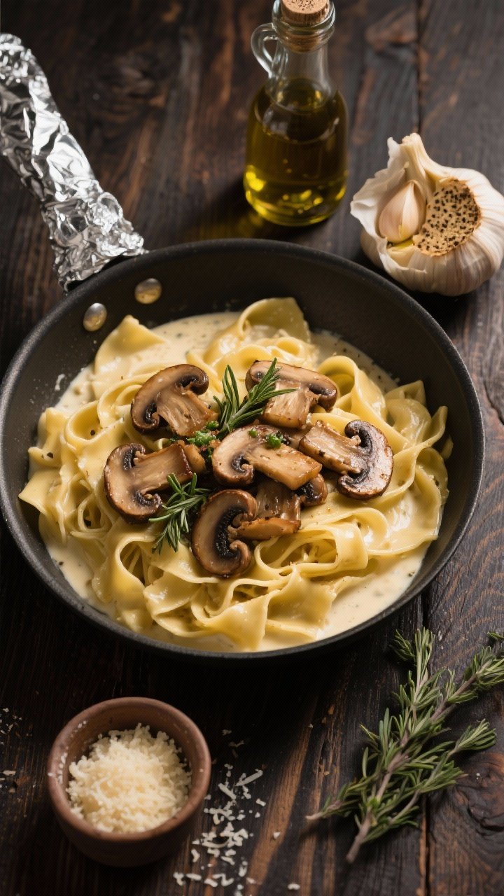 An overhead process shot for Roasted Garlic Mushroom Alfredo: pappardelle in a pan with a velvety parmesan-cream sauce infused with mashed roasted garlic, topped with deeply browned cremini mushrooms sautéed with thyme; a foil-wrapped roasted garlic head opened with cloves squeezed out, a small bottle of truffle oil nearby (optional), thyme sprigs and grated Parmigiano in a ramekin; earthy, luxurious styling on a dark wood surface to emphasize umami depth.