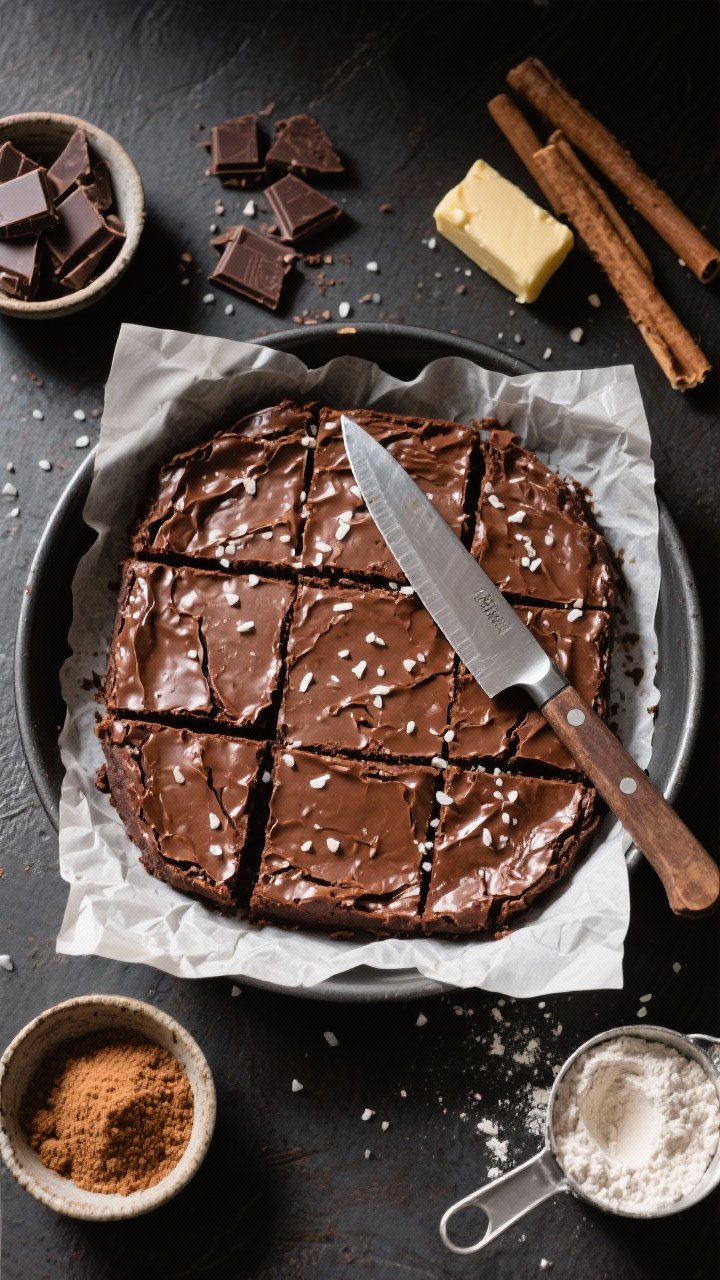 An overhead shot of a parchment-lined 8-inch pan of crackly-top fudgy brownies just cooled, with a chef’s knife and neat squares revealing dense, gooey interiors and shiny, crinkled tops. Sprinkle of flaky sea salt scattered across. Include visible ingredients around the frame: chopped semisweet chocolate, sticks of butter, a small bowl of Dutch-process cocoa, a dish of granulated and brown sugar, and a measuring cup of flour. Rich, contrasty lighting that emphasizes the glossy surface.