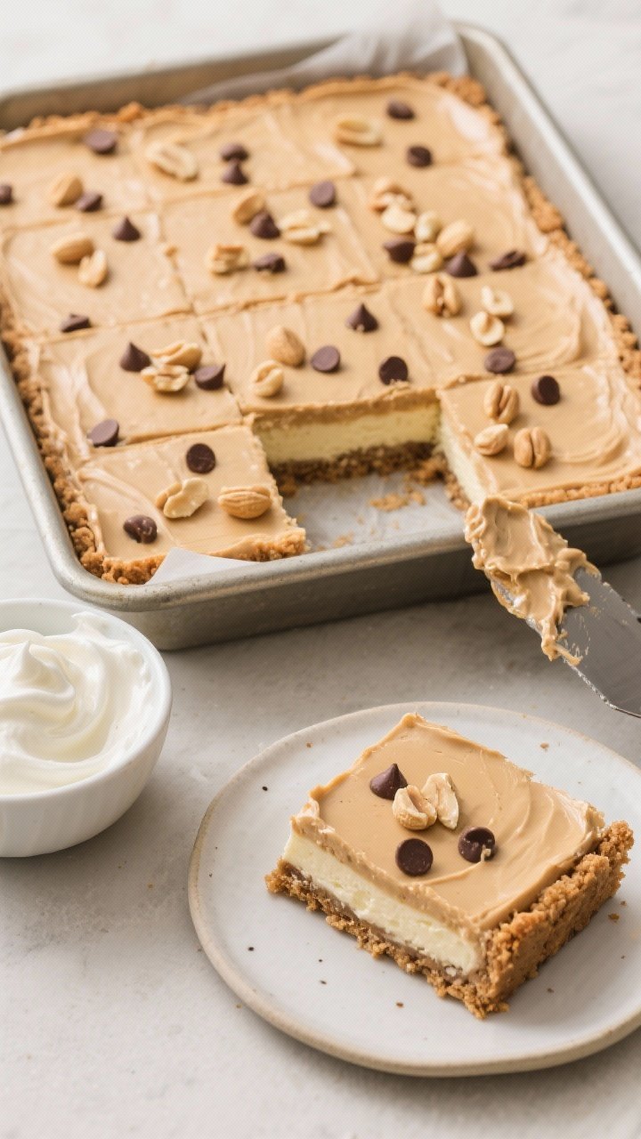 An overhead shot of no-bake peanut butter cheesecake bars in an 8x8 pan lined with parchment: firm, buttery graham cracker crust topped with a thick, silky peanut butter–cream cheese layer, scattered with mini chocolate chips and chopped peanuts. One clean bar lifted out onto a small plate to show sharp layers. Include a bowl with whipped heavy cream and a spatula with residual filling to imply the fold-in step. Neutral backdrop, diffused natural light for a refined, dessert-table feel.