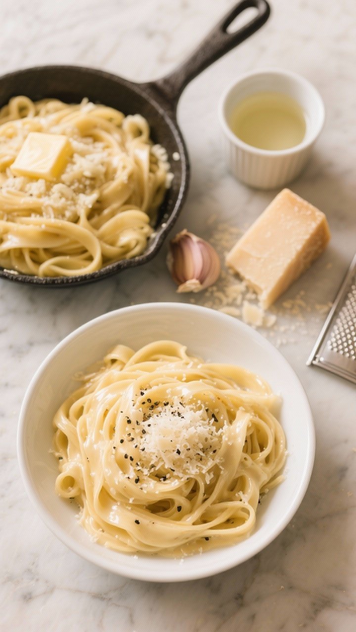 An overhead shot of Ultra-Creamy Classic Alfredo: glossy fettuccine coated in a silky butter-cream sauce with finely grated Parmigiano-Reggiano melted in, flecks of black pepper and a whisper of nutmeg on top, extra parmesan showered over, served in warmed white bowls on a marble surface; include a small skillet with melted butter and minced garlic nearby and a cup of reserved pasta water, with a Parmigiano wedge and microplane to the side; soft, cozy lighting emphasizing the luxurious sheen of the sauce, no people.