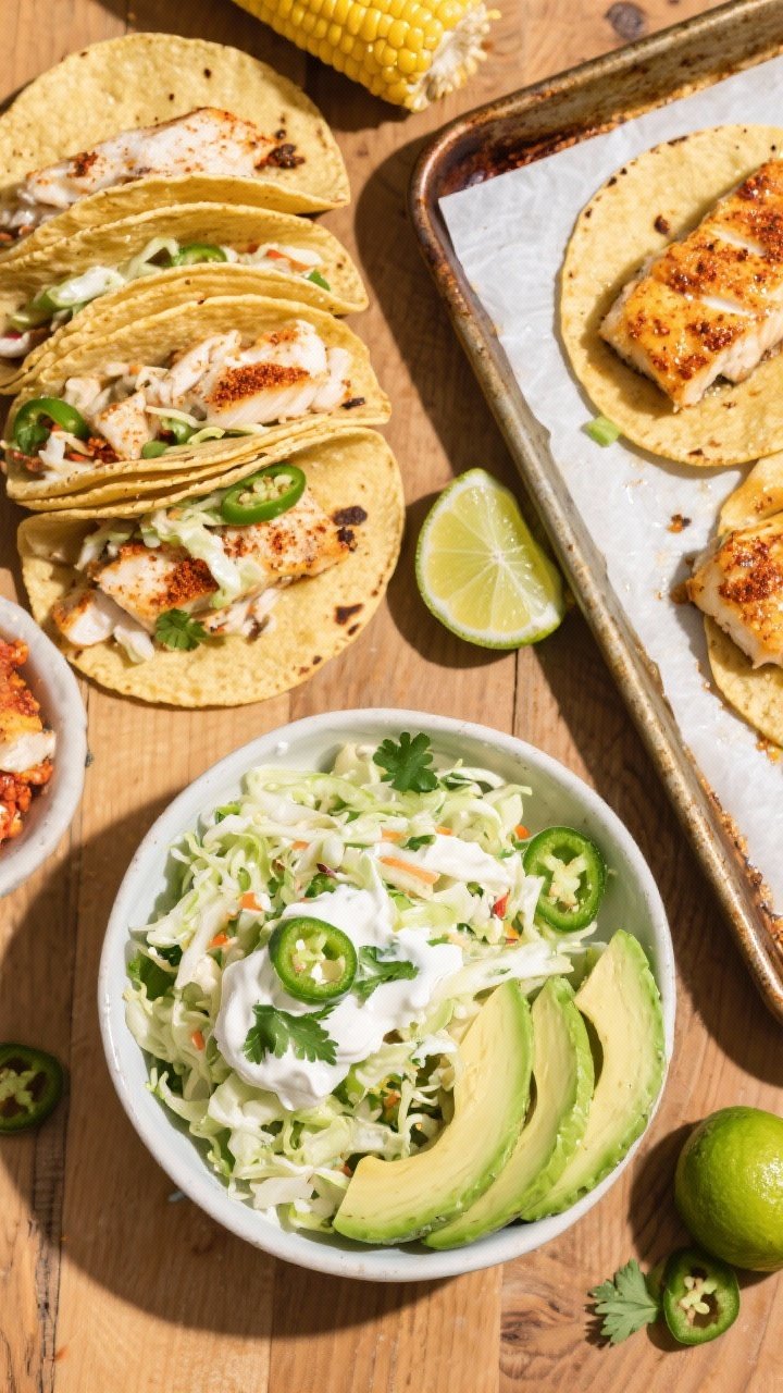 An overhead taco assembly scene for One-Pan Cod Tacos with Lime Slaw: warm corn tortillas stacked, flaked roasted cod seasoned with chili powder, cumin, and smoked paprika, a bowl of crunchy lime slaw (shredded cabbage, cilantro, jalapeño specks) glistening with yogurt-mayo dressing, avocado slices fanned out, and lime wedges. Include a parchment-lined sheet pan with the just-baked cod in the corner. Bright, colorful, casual styling on a wooden table for a fresh, zesty vibe.