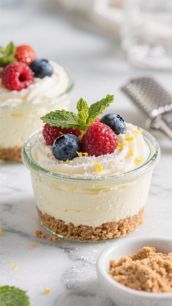 Close-up, 45-degree angle shot of creamy berry cheesecake cups in small glass jars: visible graham cracker crumb crust mixed with melted butter and brown sugar at the base, a silky whipped layer of cream cheese, Greek yogurt, powdered sugar, vanilla, and lemon zest piped on top, crowned with glossy mixed berries (strawberries, blueberries, raspberries) lightly glazed with honey; garnished with fresh mint sprigs. Cool, bright lighting, soft shadows, chilled condensation on glass, subtle lemon zest flecks visible; styled on a cool marble surface with a small bowl of extra graham crumbs and a zester in frame.