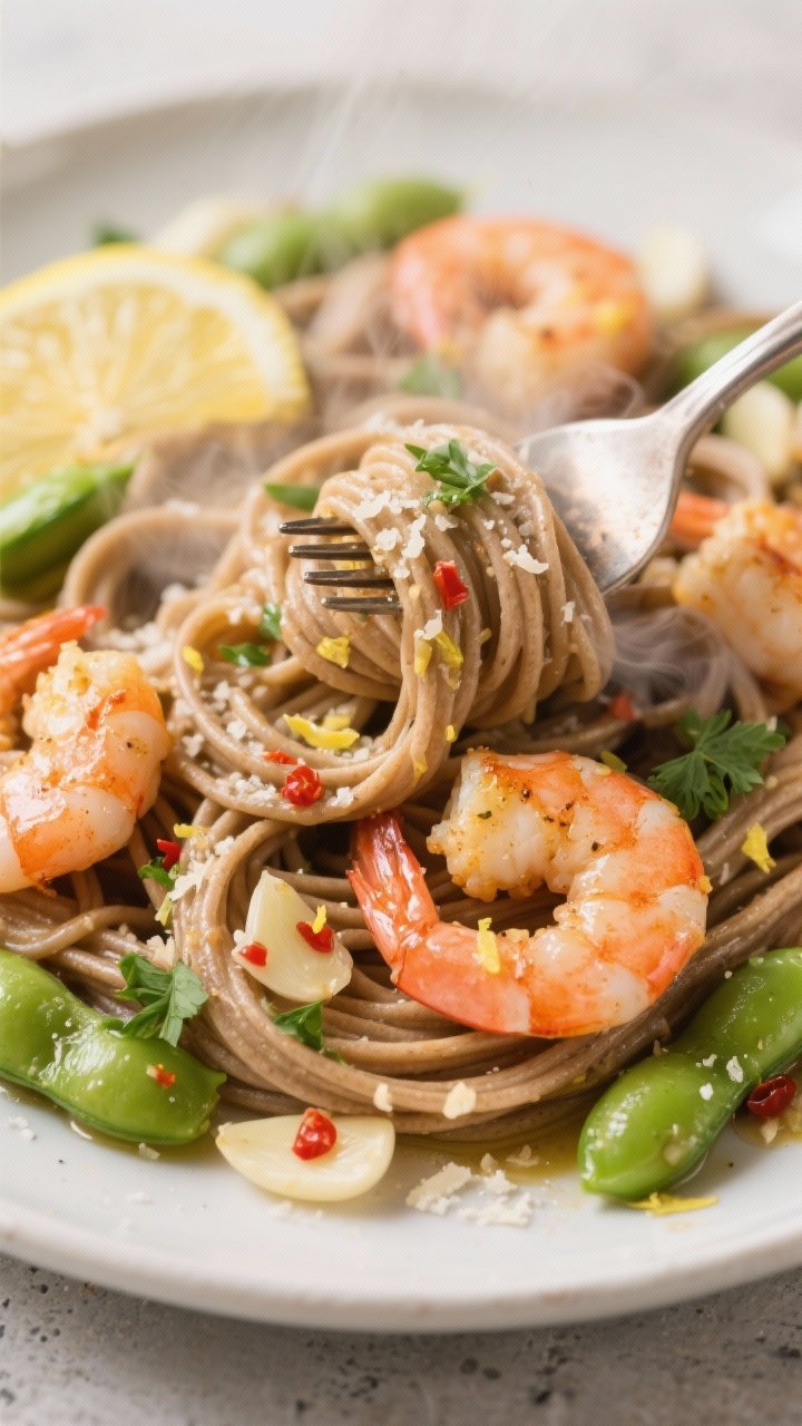 Close-up action shot of Lemon-Garlic Shrimp Linguine: whole-wheat linguine twirled around a fork, glistening with olive oil, lemon zest, and juice; plump pink shrimp seared with thinly sliced garlic and red pepper flakes; bright green edamame and chopped parsley scattered throughout. Steam gently rising, a light Parmesan dusting optional on the surface. Shot straight-on to highlight texture and sheen, with a neutral plate over pale stone for a fresh, zesty, post-workout vibe.