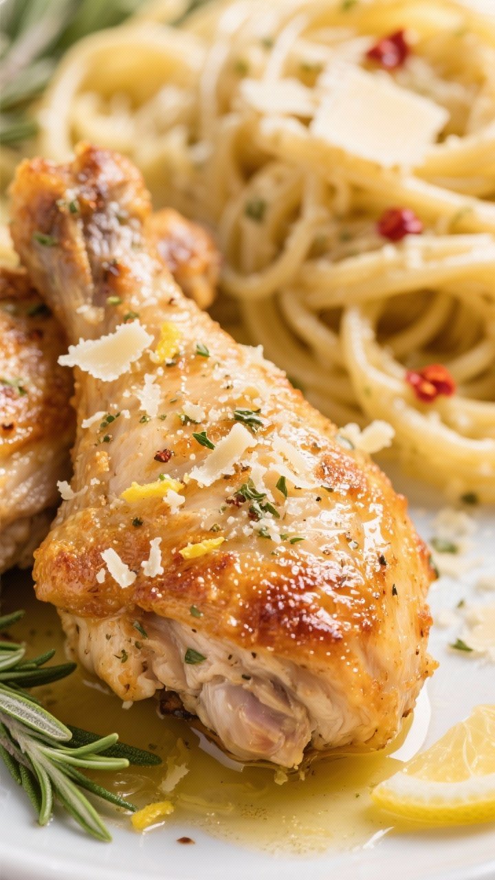 Close-up detail shot of “Garlic-Parmesan Herbed Thighs For Alfredo Lovers”: ultra-crisp, golden chicken skin with visible flecks of grated Parmesan, minced garlic, Italian seasoning, thyme/rosemary, and lemon zest, glistening from melted butter and olive oil. The camera focuses on the bubbly, cheesy edges; background shows a tangle of simply dressed pasta (olive oil, extra Parmesan) with a few red pepper flakes. Warm, cozy mood reminiscent of garlic bread; side dish soft-focus to keep attention on the chicken’s crunchy, cheesy crust.
