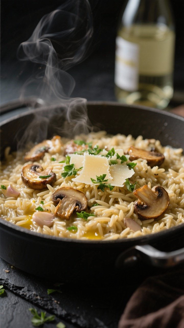 Close-up, shallow depth-of-field shot of garlicky mushroom orzo cooked risotto-style in the pot; creamy, glossy orzo studded with golden-browned cremini slices, melted butter sheen, micro-grated Parmesan melting in, chopped chives and parsley sprinkled on top; a splash of white wine bottle out of focus, steam curling up; moody, cozy lighting on a dark slate surface emphasizing earthy tones and silky texture.