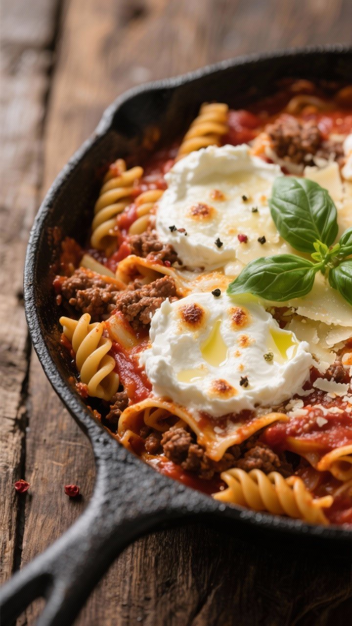 Close-up skillet-to-oven Lazy Lasagna Skillet Bake: rotini nestled in rich marinara with browned ground beef and onions, ricotta “clouds” dolloped on top, mozzarella and Parmesan melted and blistered, a few browned cheese spots. Fresh basil leaves and a drizzle of olive oil finish. Visible pasta texture coated in sauce, slight pepper flakes, served in a black oven-safe skillet on a rustic wood table, Italian weeknight vibe, shallow depth of field to emphasize cheesy, saucy goodness.