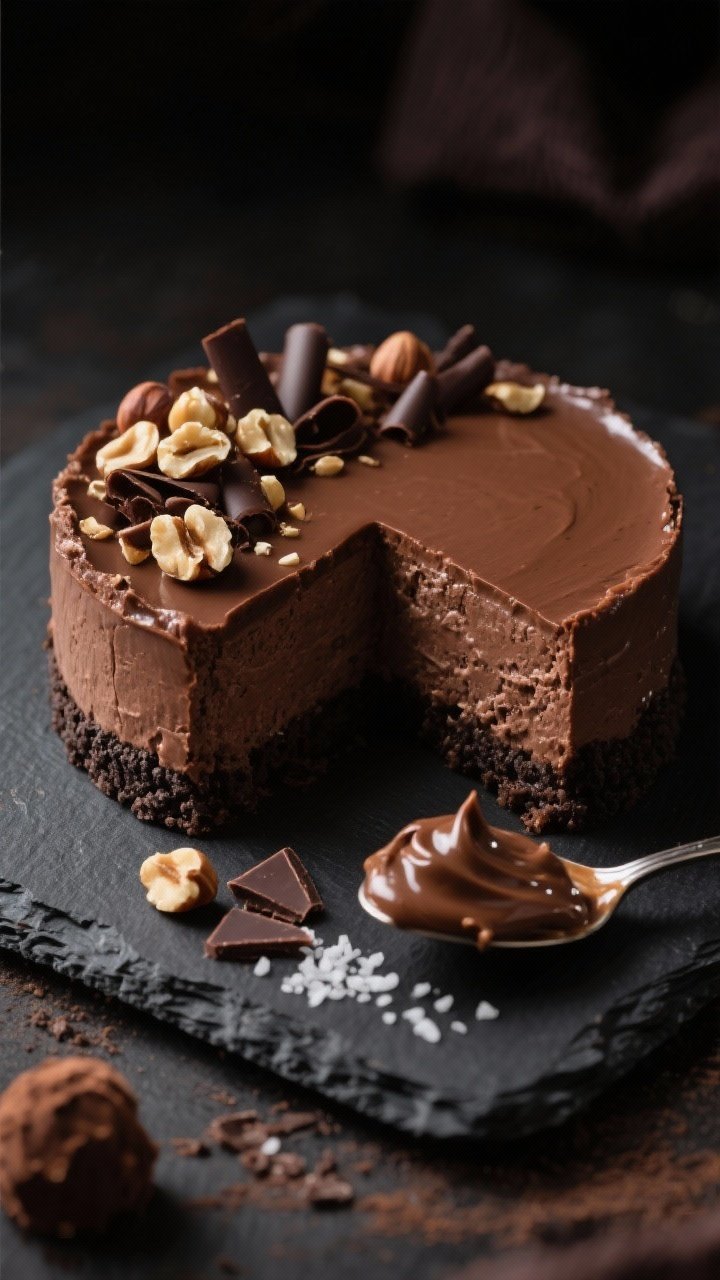 Close-up, straight-on shot that feels like a fancy truffle in cheesecake form: chocolate hazelnut no-bake cheesecake on a dark slate board with a compact Oreo/chocolate wafer crust; velvety chocolate-hazelnut filling with a satin sheen, topped with chopped toasted hazelnuts and delicate chocolate curls; visible slice showing dense yet cloud-like interior; include a spoonful of Nutella-like spread, shards of semisweet chocolate, and a pinch of flaky salt grains on the slate; moody, low-key lighting with rich cocoa tones, tight depth of field highlighting glossy chocolate and crunchy nut texture.