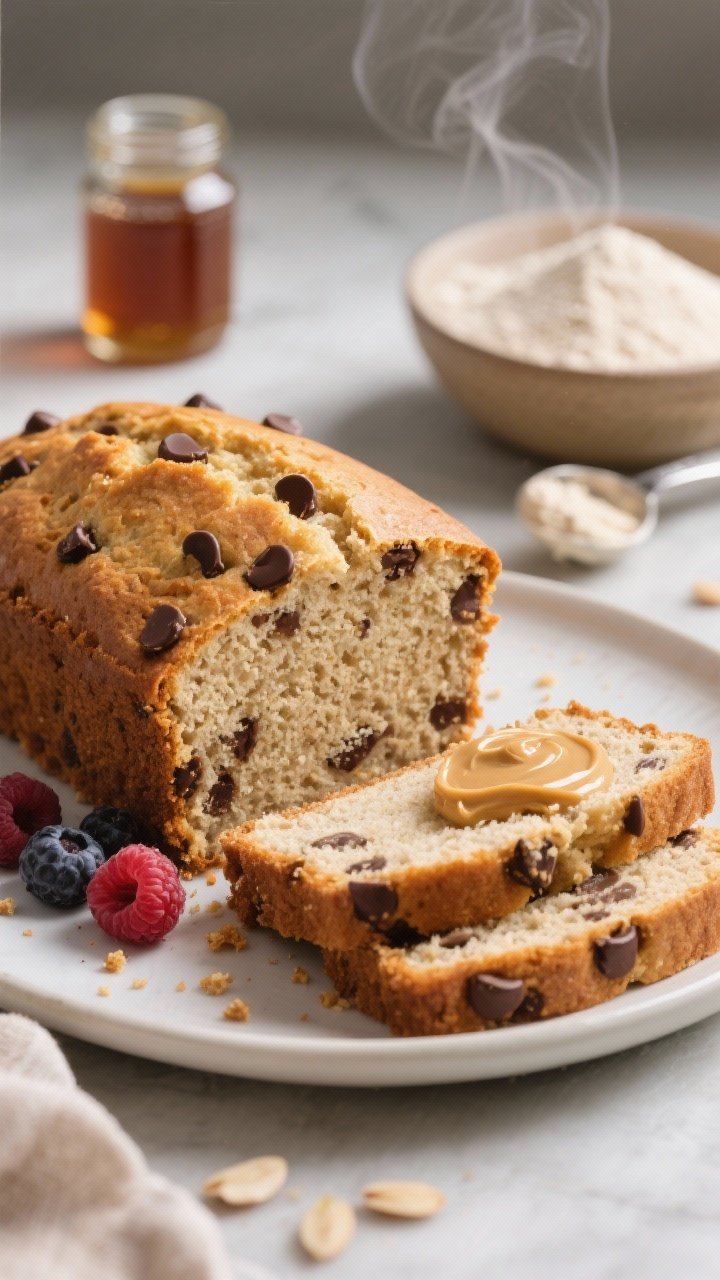 Close-up straight-on slice-and-crumb shot of almond flour protein quick bread studded with dark chocolate chips, moist, tender interior with a gentle dome top and golden edges; a smear of almond butter and a few fresh berries on a plate beside two thick slices; background props include a small jar of maple syrup, a scoop of vanilla whey/pea protein, and a bowl of almond flour; subtle steam hinting warmth, natural morning light, minimal styling to emphasize breakfast/dessert vibe.