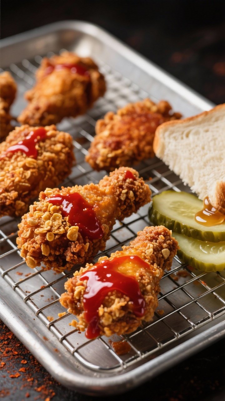 Dynamic 45-degree action shot of Nashville-style hot chicken tenders: crunchy cornflake-panko crusted tenders in a wire rack over a sheet pan, just brushed with a glossy hot butter glaze made of melted butter, hot sauce, and a hint of brown sugar; visible smoky paprika and cayenne tinting the glaze deep red; served with thick pickle slices and soft white bread on the side, a drizzle of honey on one tender for sweet heat; moody, high-contrast lighting to accentuate texture and spice, shallow depth of field on the front tender.