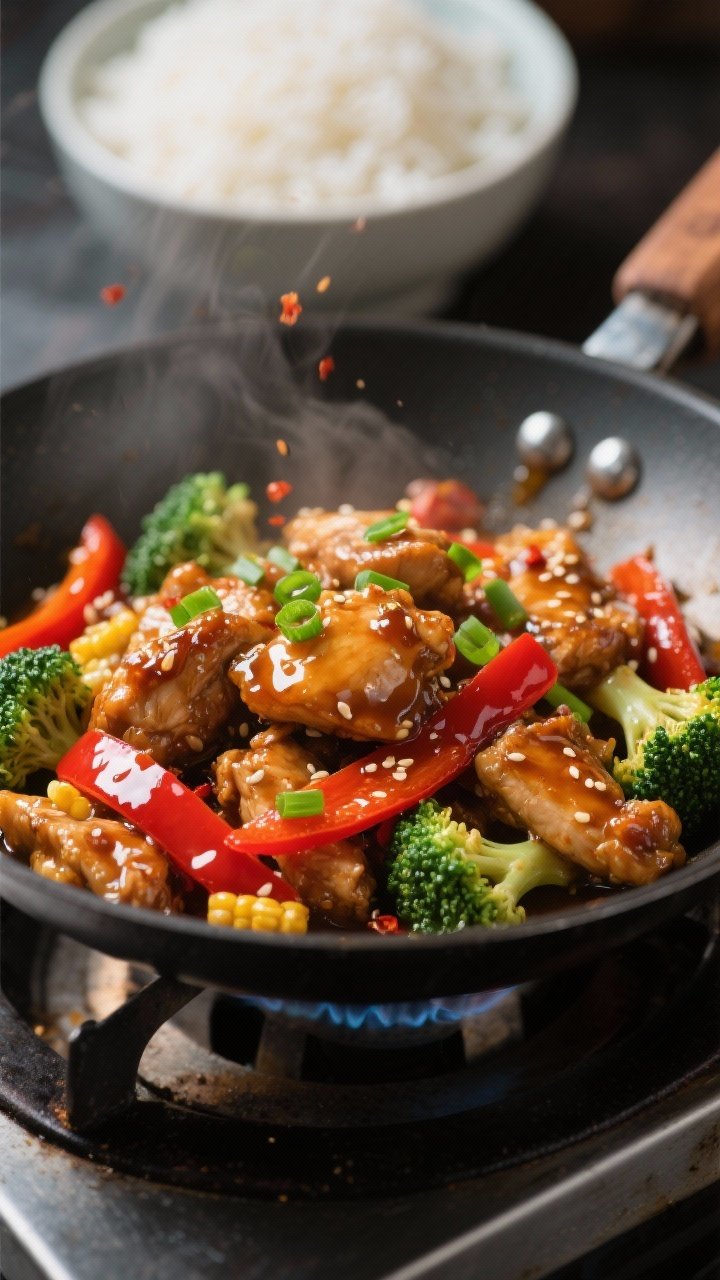 Dynamic wok close-up: glossy honey-soy chicken stir-fry with browned cornstarch-crisped chicken pieces, bright red bell pepper strips, vibrant broccoli florets, chopped green onions finishing on top, lacquered sauce thickened and clinging, sesame-like sheen, a hint of chili flakes, shot at 45 degrees to capture shine and movement, set over a burner with a bowl of white rice blurred in background.