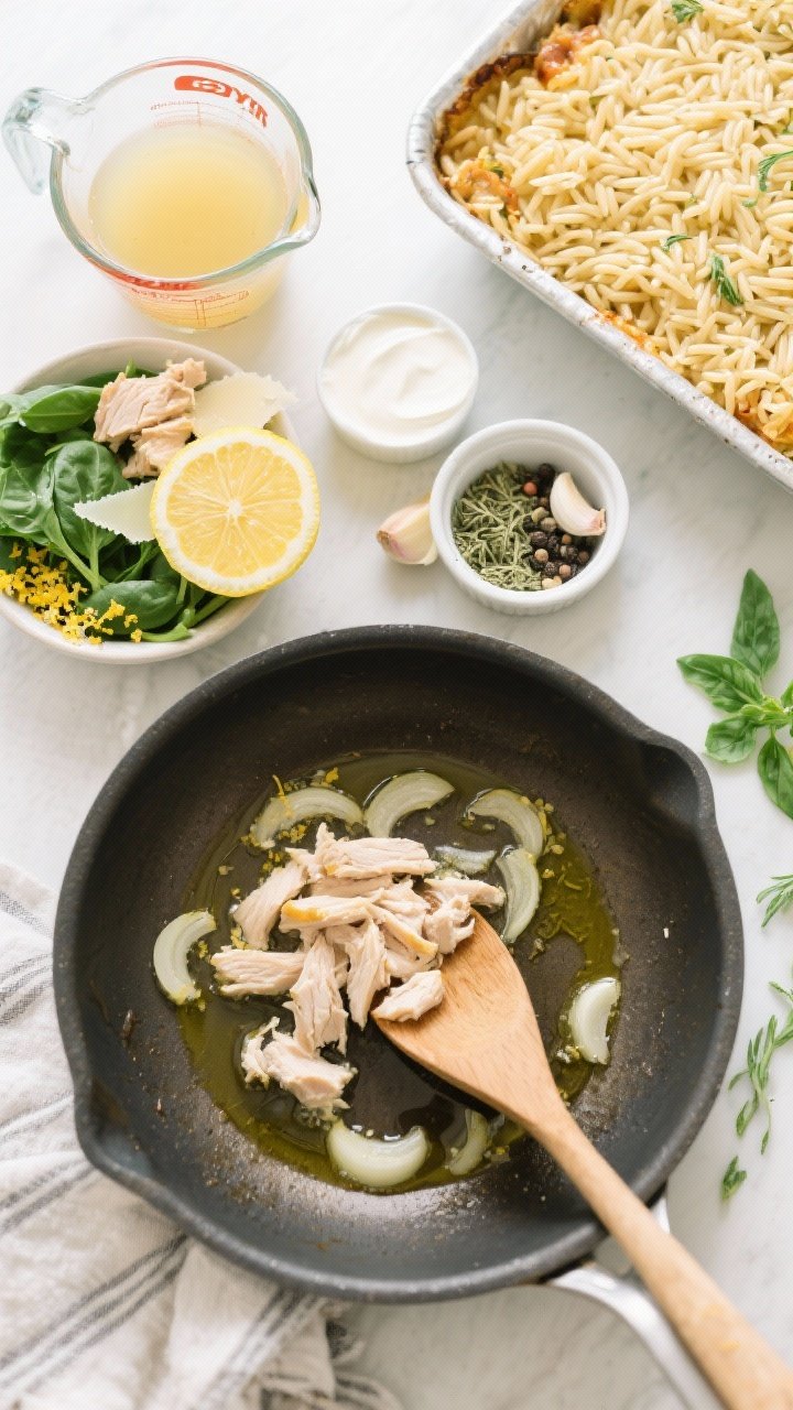 Ingredient-prep overhead flat lay for Lemon Herb Chicken Orzo Casserole: uncooked orzo in a small bowl, low-sodium chicken broth in a measuring cup, chopped cooked chicken, fresh baby spinach, lemon zest and lemon halves, grated Parmesan, a splash of cream in a ramekin, minced shallot and garlic, dried oregano and basil, black pepper and sea salt; a skillet with shallots softening in olive oil and a wooden spoon; bright, fresh, spring mood with clean, airy light; hints of the final bake by including a greased baking dish off to the side.