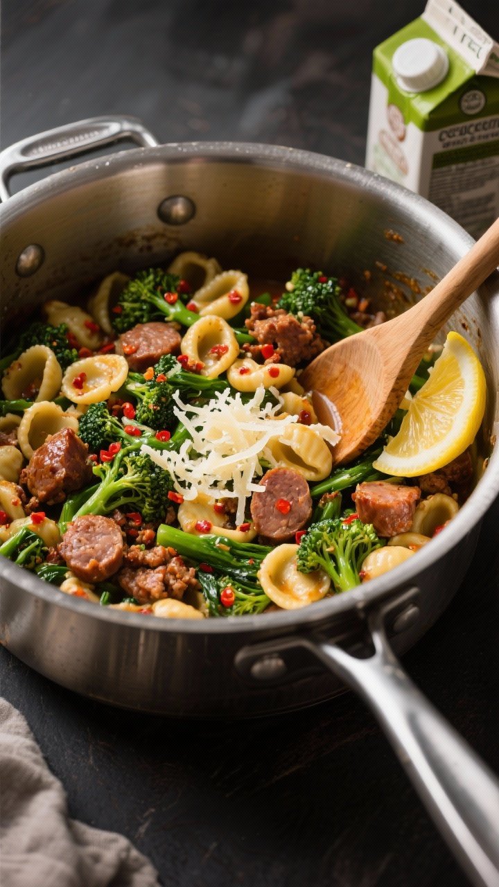 Overhead action shot of spicy sausage and broccoli rabe orecchiette in a stainless pot; orecchiette cupping crumbled browned Italian sausage and emerald broccoli rabe pieces, red pepper flakes speckled throughout; grated Pecorino Romano melting in threads, lemon wedge on the side; wooden spoon mid-stir, chicken broth carton partially visible; bold, hearty mood with contrasty lighting to highlight textures and spice.