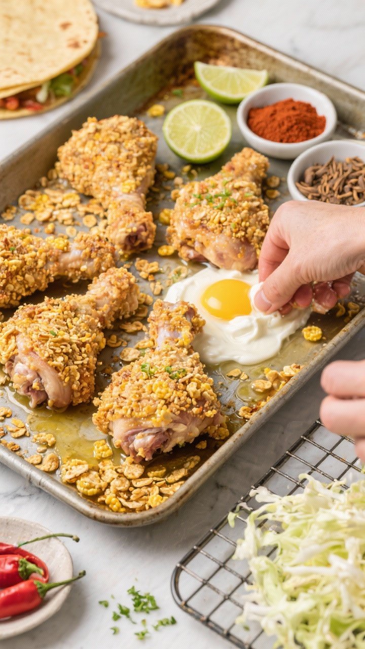 Overhead action-style shot of “Chili-Lime Crunch With Cornflake Crust”: a prep-to-bake scene showing thighs after dipping in egg + mayo/Greek yogurt, then firmly pressed into crushed cornflakes tossed with neutral oil. Include small bowls of chili powder, smoked paprika, cumin, and fresh lime zest; lime wedges on the side. The sheet pan with a rack is visible, some thighs already coated, others mid-coating to emphasize process. Bright, punchy colors and crisp textures; optional prop of warm tortillas and shredded cabbage to hint at taco-night serving.