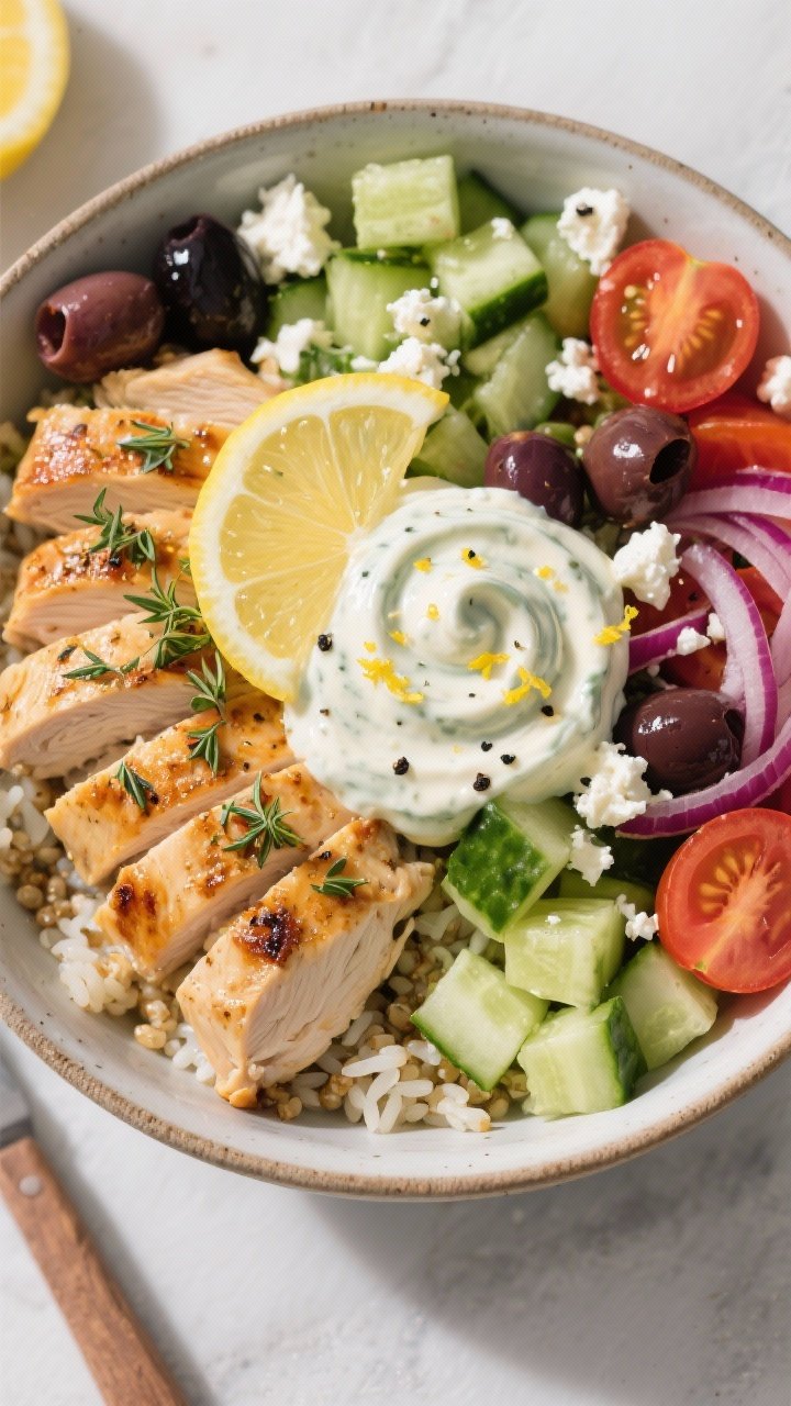 Overhead bowl assembly: zesty Greek chicken bowls with sliced oregano-lemon seared chicken arranged over a bed of rice or quinoa, neat piles of diced cucumber, halved cherry tomatoes, thin red onion, kalamata olives, and crumbled feta, a generous dollop of tzatziki swirled on top, lemon zest and black pepper sprinkled, bright Mediterranean color scheme with clean, fresh styling.