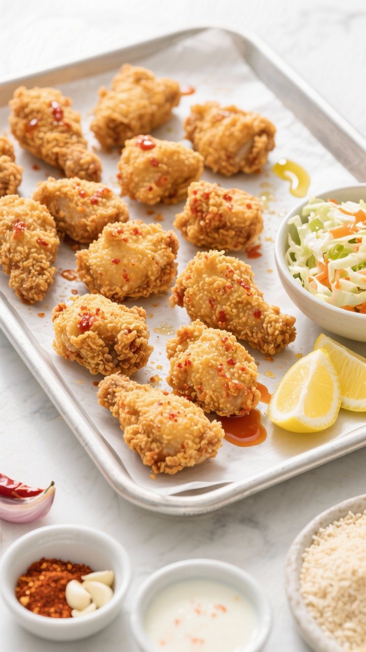 Overhead flat lay of crispy buttermilk “fried” chicken bites just out of the air fryer: golden panko-and-flour crust with paprika flecks, arranged in a single layer on a parchment-lined tray, a small bowl of crunchy slaw and lemon wedges on the side, a fine mist of olive oil sheen visible, cayenne and hot honey drizzled on a few pieces for heat variation; include small bowls of buttermilk marinade with a dash of hot sauce, paprika, garlic powder, onion powder, salt, pepper, and panko for context; bright, clean lighting, high contrast to emphasize the shatteringly crisp texture, no people.