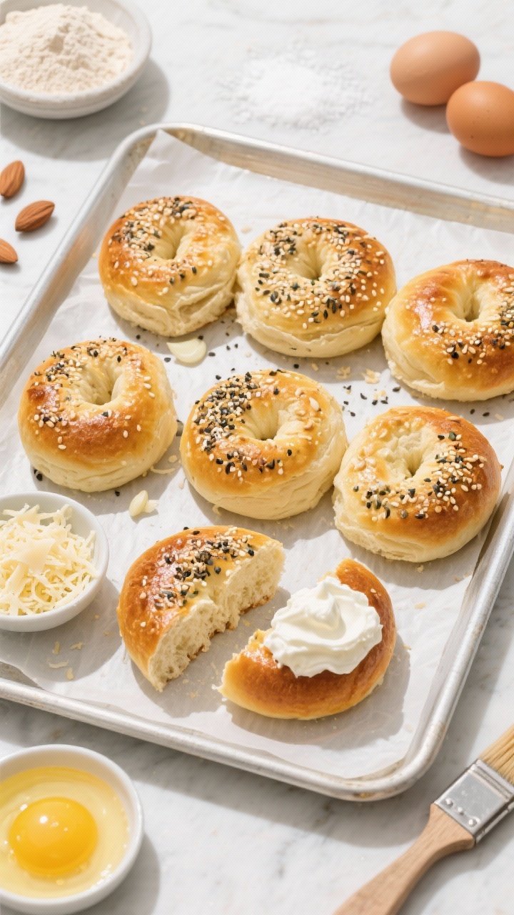 Overhead flat lay of eight Everything Bagel Rolls on a parchment-lined baking sheet, evenly golden with egg-wash sheen and generous Everything bagel seasoning (sesame, garlic, onion) on top. One roll is split to reveal a fluffy interior, a dollop of whipped cream cheese nearby, plus a small dish of grated Parmesan to hint at the optional add-in. Ingredients staged around the perimeter: almond flour, baking powder, salt, shredded low-moisture mozzarella, cream cheese, two beaten eggs, and an extra egg brush. Bright bakery-morning vibe, clean lines, high contrast for texture.