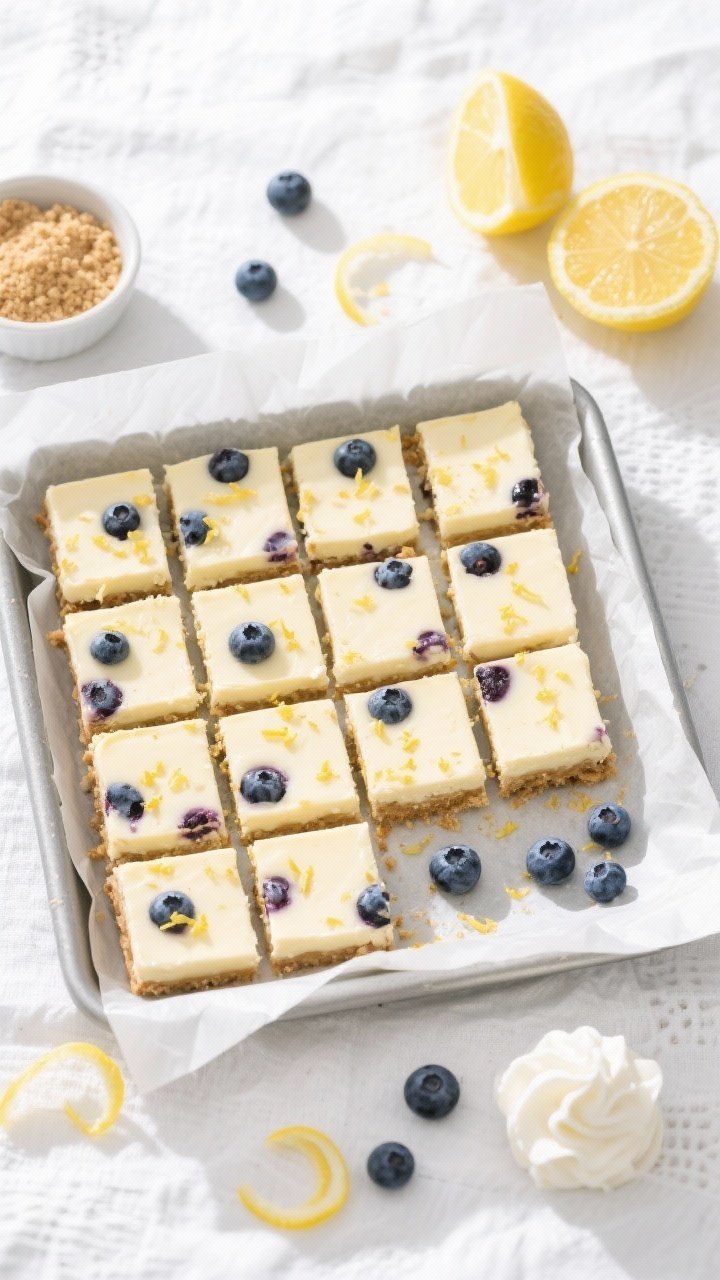 Overhead flat lay of lemon blueberry no-bake cheesecake bars in an 8x8 pan with parchment overhang: grid of 16 neatly cut bars, creamy pale-lemon filling studded with juicy blueberries, micro-zest specks visible; a few extra fresh blueberries scattered and thin lemon zest curls on top; include small bowls holding graham crumbs, lemon halves, and whipped cream; bright, zesty mood with a sunny linen, clean white background, and crisp shadows; emphasize bar format, smooth filling, berry pops, and tidy parchment edges.