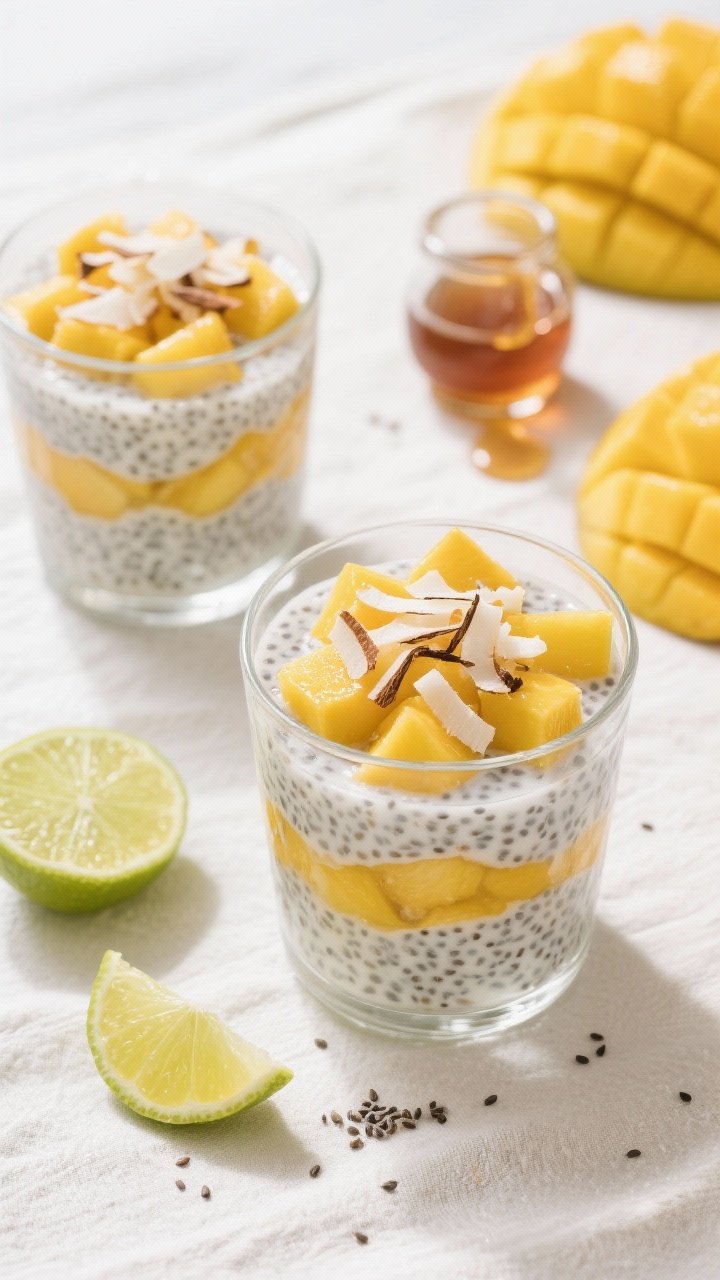 Overhead flat lay of mango coconut chia pudding layered in clear glasses: speckled, thick chia pudding made with unsweetened coconut milk, vanilla, and a pinch of salt, alternated with vibrant diced ripe mango tossed in lime juice. Finished with a generous sprinkle of toasted coconut flakes on top; maple syrup drizzler nearby. Tropical color palette of sunny yellows and creamy whites, minimal props—lime wedges and a few scattered chia seeds on a light linen for a breezy, vacation mood.
