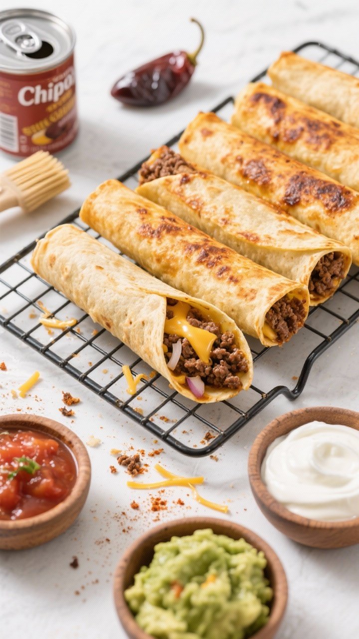 Overhead flat lay of smoky chipotle beef taquitos fresh from the air fryer: tightly rolled corn tortillas, blistered and deeply golden, lined on a wire rack. A cut-open taquito reveals seasoned ground beef with onion, cumin, chili powder, smoked paprika, chipotle in adobo, and melted Monterey Jack. Small bowls of guacamole, salsa, and sour cream around the scene; a can of chipotles and a pastry brush with oil spray nearby. Crisp, bright lighting to showcase the shatter-crunch texture; crumbs and cheese strands for realism.