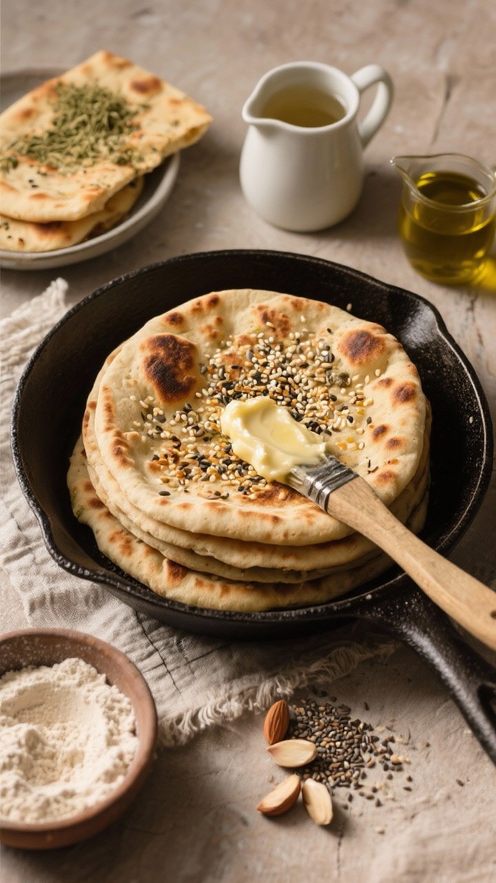 Overhead flat lay: seeded skillet flatbreads stacked and fanned on a cast-iron skillet, surfaces blistered and browned, edges flexible; sesame seeds and chia seeds visibly embedded; a brush of garlic butter glistening on top and a sprinkle of za’atar on one piece; nearby bowls with almond flour and fine ground psyllium husk, a small pitcher of hot water, and olive oil; rustic linen, warm side light to accent texture and seed crunch, dip-friendly mood.