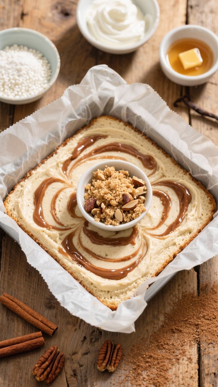 Overhead ingredient-and-process shot for the Cinnamon Swirl Coffee Cake: an 8-inch parchment-lined square pan half-filled with pale almond flour batter, ribbons of glossy cinnamon-brown sugar swirl dolloped and marbled through the center, a small bowl of crumb topping (almond flour, brown sugar, chopped pecans, cinnamon) ready to sprinkle; nearby bowls show tapioca starch, yogurt or sour cream, maple syrup, melted butter, and vanilla; warm, cozy bakery vibe on a wooden surface with a dusting of cinnamon, natural morning light.