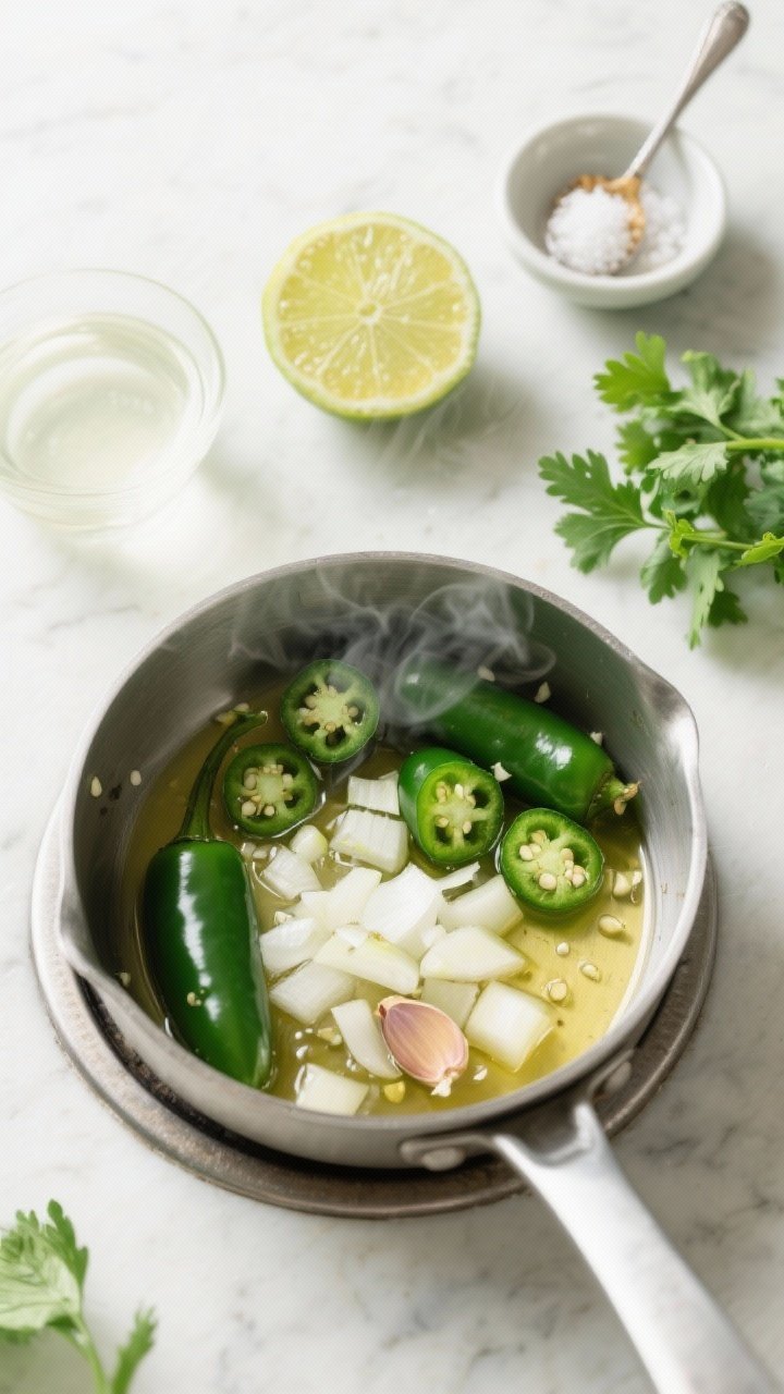 Overhead ingredient-and-process shot for the Everyday Jalapeño-Lime Hot Sauce: a small saucepan on a stovetop with softened chopped white onion and garlic glistening in neutral oil, fresh green jalapeños (some sliced showing seeds), a halved lime with visible juice sacs, a small bowl of distilled white vinegar, a pinch bowl of kosher salt, a spoon of sugar/honey, and a sprigly handful of cilantro to the side; bright, clean green palette with citrusy vibes, steam rising gently, stainless pot and light marble surface, crisp professional lighting, no people.