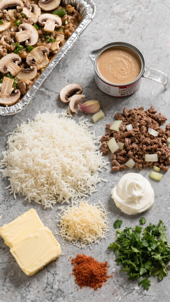 Overhead ingredient-prep flat lay for the Creamy Beef, Mushroom & Rice Casserole: neat clusters of raw long-grain white rice, sliced cremini mushrooms, browned ground beef, diced onion, minced garlic, butter pats, cream of mushroom soup can opened to show texture, beef broth in a measuring cup, sour cream dollop, grated Parmesan mound, dried parsley and paprika pinches, and chopped fresh parsley; arranged on a cool gray stone surface with a 9x13 dish and foil nearby, conveying the cozy, creamy theme.