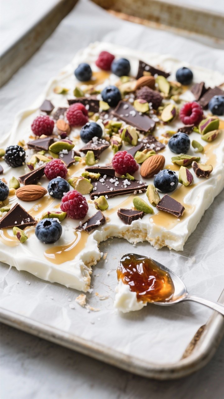 Overhead ingredient-to-final transformation of frozen yogurt bark on a parchment-lined rimmed baking sheet: a 1/4-inch-thick layer of Greek yogurt mixed with honey and vanilla spread evenly, topped with a lively scatter of roughly chopped mixed berries, finely shaved dark chocolate, chopped pistachios or almonds, and a tiny pinch of flaky sea salt. A spoonful of jam swirled through for a ripple effect; partially broken frozen shards off to one side to show texture and snap, with a cool, crisp, high-contrast look.