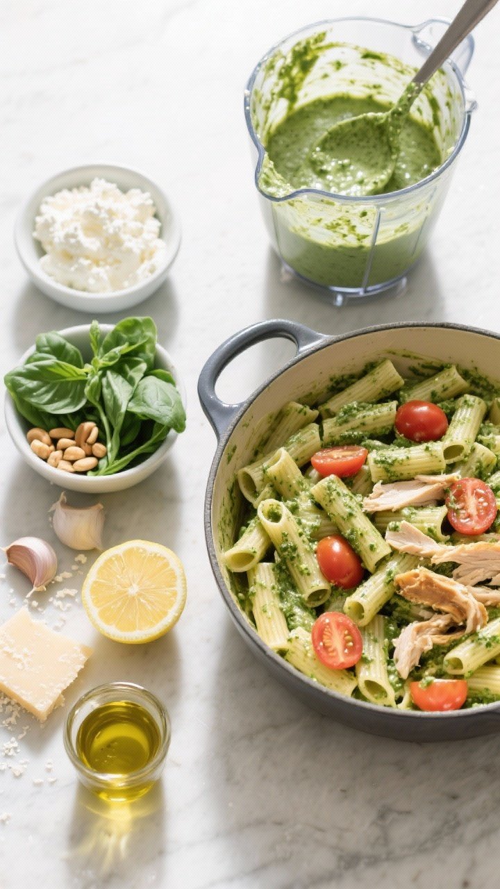 Overhead ingredient-to-final transition for Cottage Cheese Pesto Rigatoni: a half-and-half scene—on one side small bowls with low-fat cottage cheese, fresh basil leaves, baby spinach, toasted pine nuts, garlic cloves, grated Parmesan, lemon half, and olive oil; on the other side, a glossy pot of rigatoni tossed in ultra-smooth green pesto, folded with halved cherry tomatoes and optional shreds of rotisserie chicken. Include a blender jar with a bit of green sauce clinging to the sides and a ladle showing the creamy texture. Bright, natural daylight to emphasize the vivid green and silky finish.