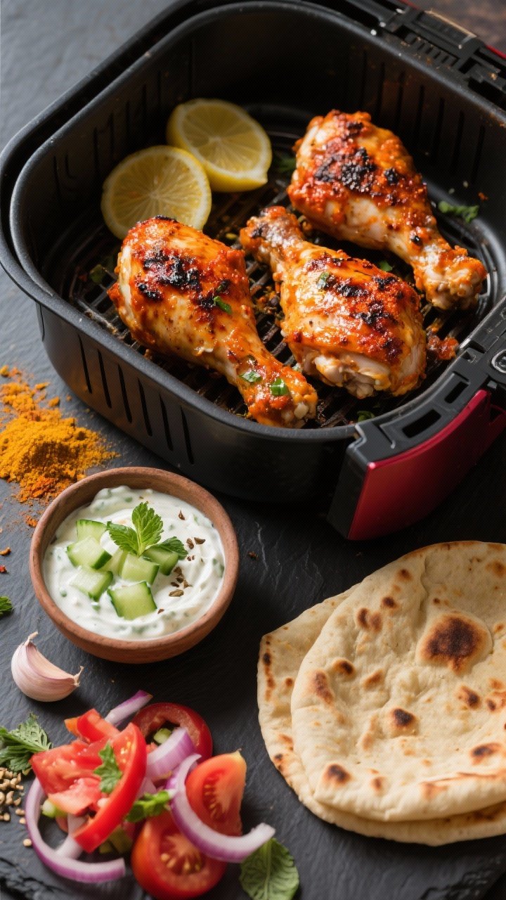 Overhead ingredient-to-finish scene for tandoori-spiced chicken thighs with raita: marinated yogurt-coated thighs (Greek yogurt, lemon juice, garam masala, cumin, coriander, paprika, turmeric, garlic, ginger) transitioning to finished pieces with lightly charred edges in an air fryer basket; on the side, a small bowl of cooling cucumber raita (plain yogurt, finely diced cucumber, pinch of salt and cumin, chopped mint/cilantro), warmed naan, and a simple tomato-onion salad; vibrant reds, golds, and turmeric hues, styled on dark slate to make the spices pop, crisp professional lighting showcasing glossy marinade and char.