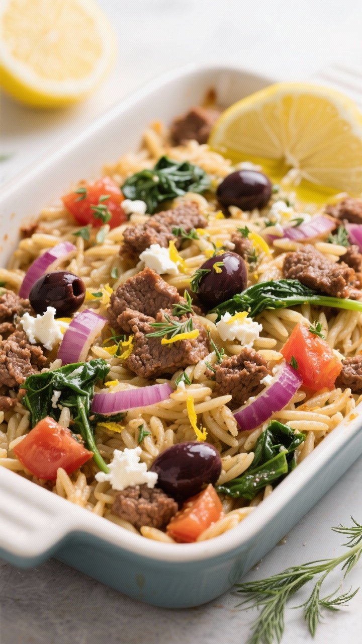 Overhead Mediterranean-inspired Greek-ish Beef Orzo Bake in a ceramic baking dish: tender orzo studded with browned ground beef, red onion, diced tomatoes, chopped spinach, oregano, and a whisper of cinnamon. Finished with a bright sprinkle of crumbled feta, lemon zest, and a squeeze of lemon juice; a few Kalamata olive slices optional for briny contrast. Drizzle of good olive oil and a sprinkle of dill, sunny, herb-forward palette, light and fresh mood.