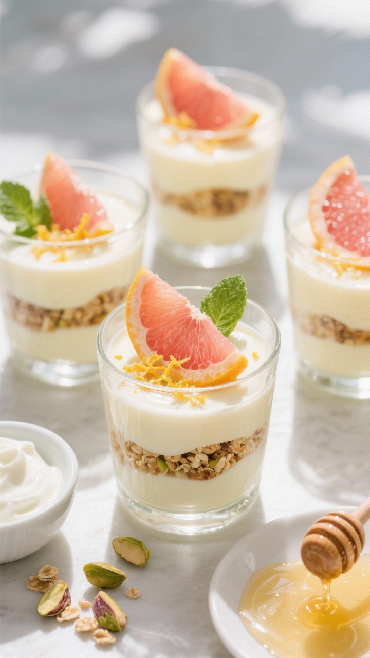 Overhead parfait lineup: clear glasses filled with vanilla yogurt panna cotta layers, pale ivory and softly set, topped with honeyed citrus—neat orange segments and a few pink grapefruit segments glistening with honey and orange zest; a sprinkle of granola and crushed pistachios for crunch, a couple fresh mint leaves; props include a small bowl of Greek yogurt, a dish of bloomed gelatin, and a drizzle trail of honey; bright brunch energy, clean daylight, fresh and vibrant.
