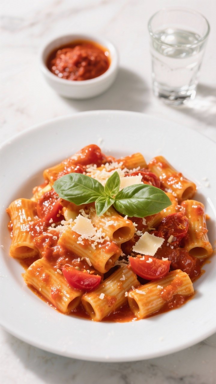 Overhead plated shot of rigatoni coated in a glossy, creamy Calabrian chili vodka sauce: vibrant orange-red hue from tomato paste and Calabrian chili paste, finished with heavy cream and butter, tiny flecks of crushed tomatoes visible; tossed with grated Parmesan until shiny and crowned with torn fresh basil; a small bowl of chili paste and a shot glass of vodka set nearby for context; bright, punchy, modern Italian energy.