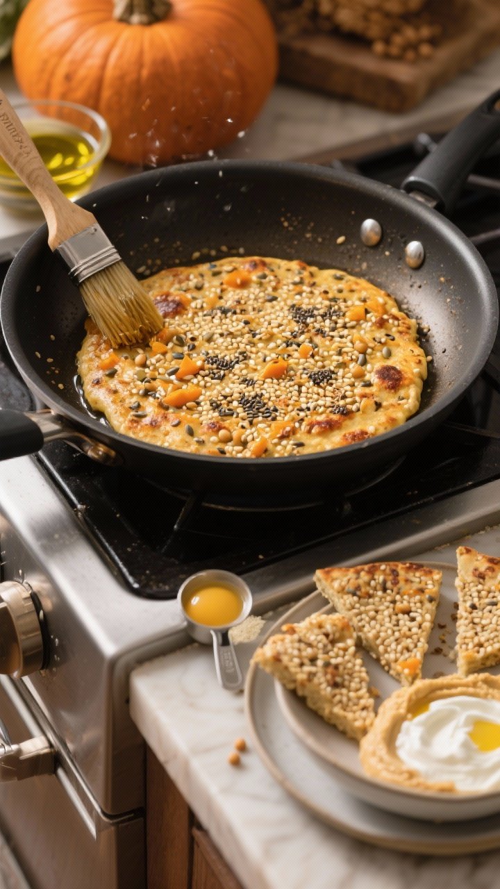Overhead process shot of seedy quinoa skillet flatbread cooking in a 10-inch nonstick skillet: one flatbread mid-sizzle with visible quinoa grains, pumpkin, sesame, and chia seeds embedded on the surface, edges just browning; beside the stove a bowl of mixed batter showing cooked quinoa, chickpea flour, ground flaxseed, egg, cumin, and a drizzle of olive oil; a brush with oil and measuring spoon of baking powder included; a plate with finished wedges and a bowl of hummus and Greek yogurt dip waiting; vibrant, cozy kitchen mood.