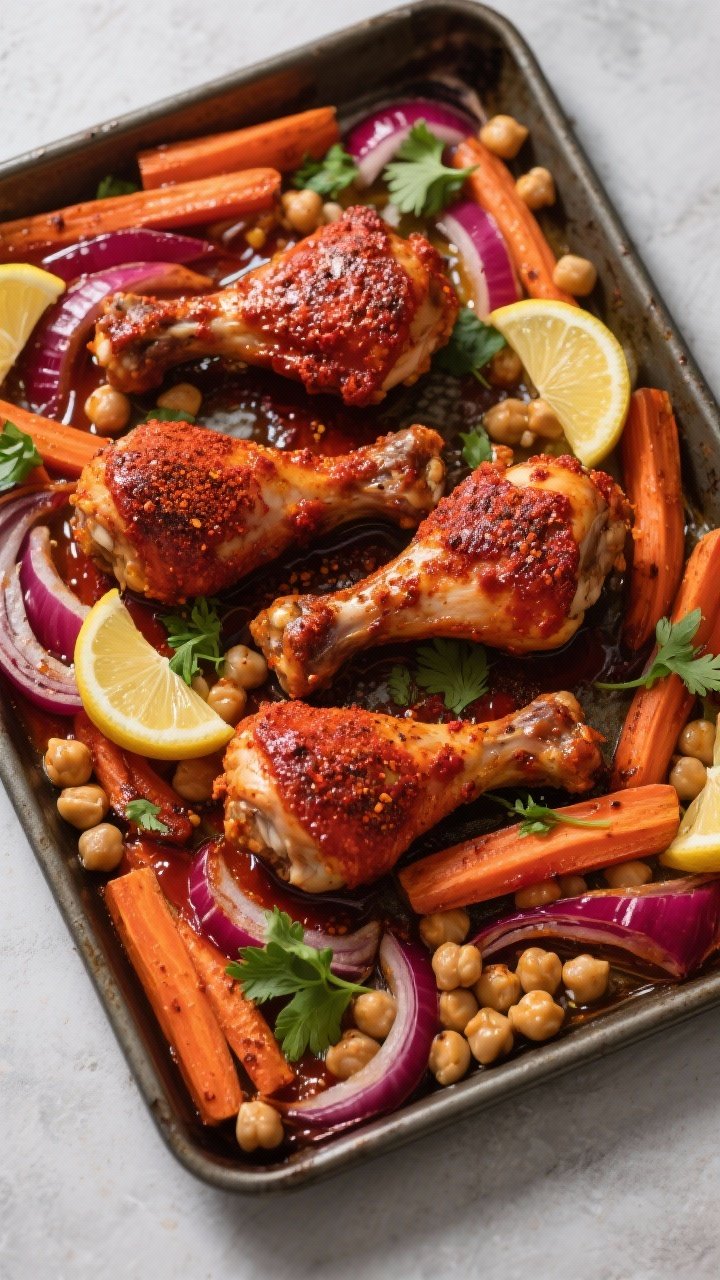 Overhead sheet-pan ingredient-cooking shot: harissa-rubbed bone-in chicken legs arranged over a bed of carrot batons, red onion slices, and drained chickpeas, everything stained a deep red from harissa-cumin-honey paste, caramelizing edges, garnished post-roast with lemon wedges and torn cilantro, high-contrast light to showcase smoky, spicy glaze.